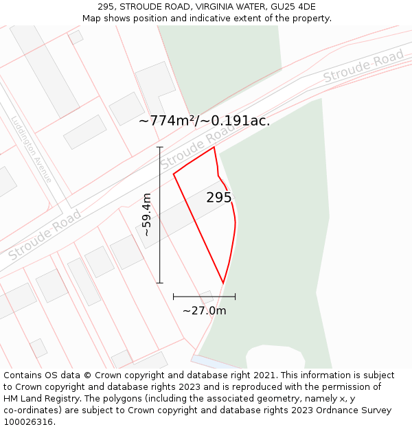 295, STROUDE ROAD, VIRGINIA WATER, GU25 4DE: Plot and title map