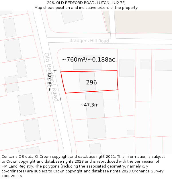296, OLD BEDFORD ROAD, LUTON, LU2 7EJ: Plot and title map