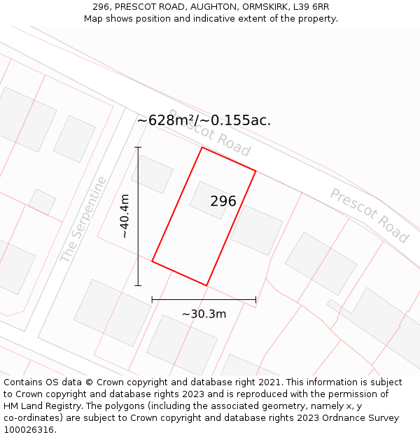 296, PRESCOT ROAD, AUGHTON, ORMSKIRK, L39 6RR: Plot and title map
