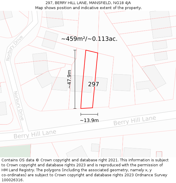 297, BERRY HILL LANE, MANSFIELD, NG18 4JA: Plot and title map