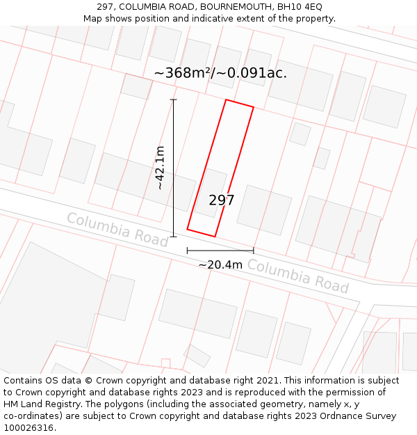 297, COLUMBIA ROAD, BOURNEMOUTH, BH10 4EQ: Plot and title map
