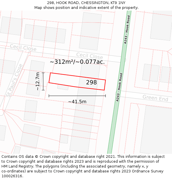 298, HOOK ROAD, CHESSINGTON, KT9 1NY: Plot and title map