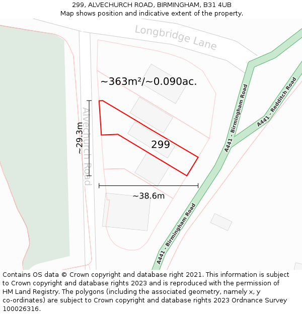 299, ALVECHURCH ROAD, BIRMINGHAM, B31 4UB: Plot and title map