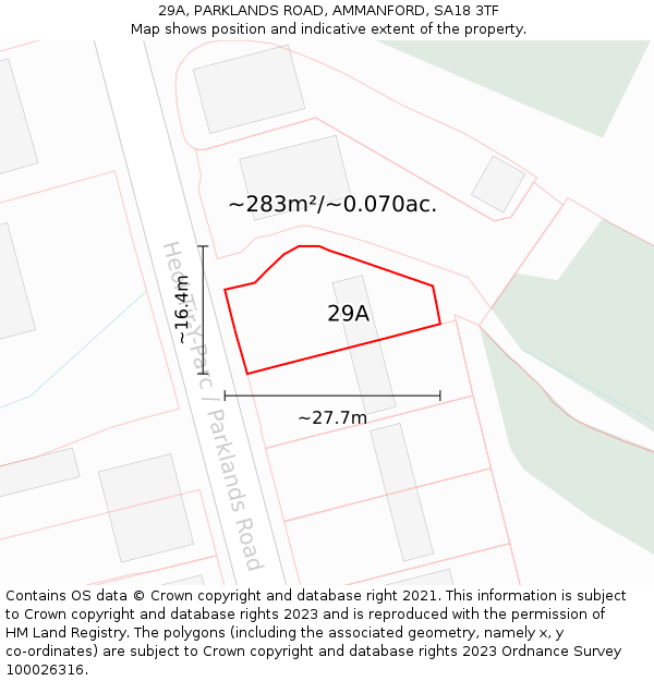 29A, PARKLANDS ROAD, AMMANFORD, SA18 3TF: Plot and title map