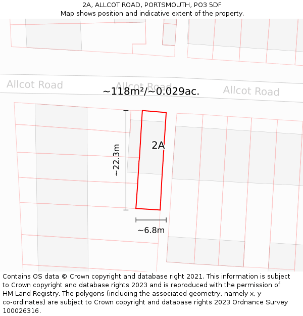 2A, ALLCOT ROAD, PORTSMOUTH, PO3 5DF: Plot and title map
