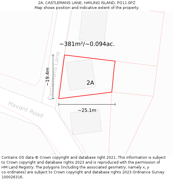 2A, CASTLEMANS LANE, HAYLING ISLAND, PO11 0PZ: Plot and title map