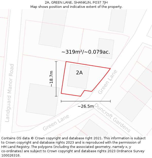 2A, GREEN LANE, SHANKLIN, PO37 7JH: Plot and title map