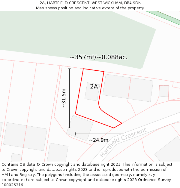 2A, HARTFIELD CRESCENT, WEST WICKHAM, BR4 9DN: Plot and title map