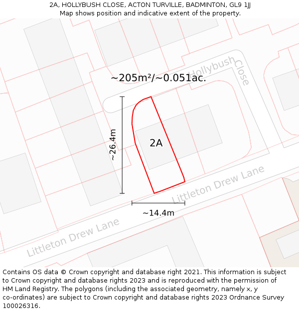 2A, HOLLYBUSH CLOSE, ACTON TURVILLE, BADMINTON, GL9 1JJ: Plot and title map