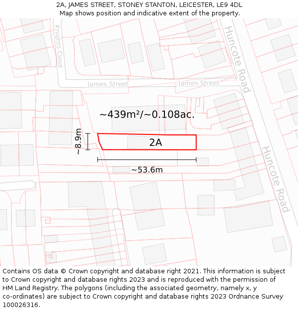 2A, JAMES STREET, STONEY STANTON, LEICESTER, LE9 4DL: Plot and title map