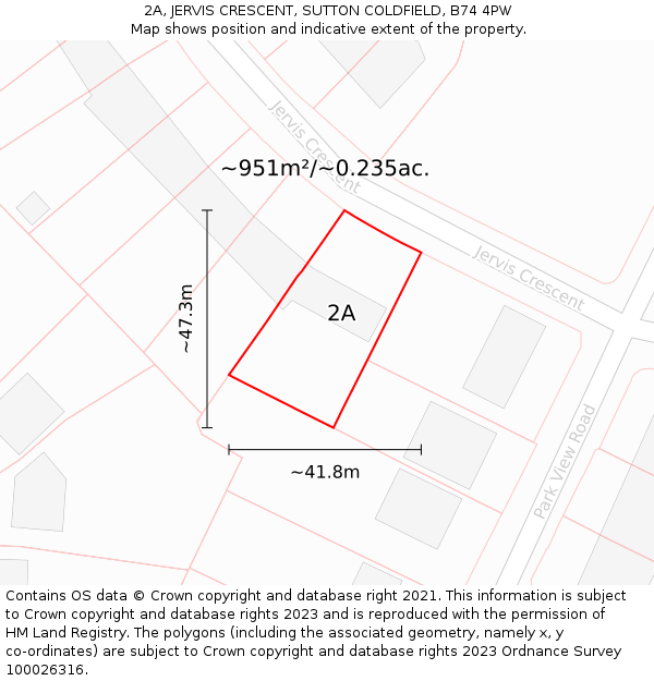 2A, JERVIS CRESCENT, SUTTON COLDFIELD, B74 4PW: Plot and title map