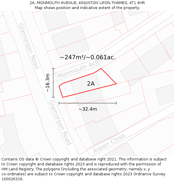 2A, MONMOUTH AVENUE, KINGSTON UPON THAMES, KT1 4HR: Plot and title map
