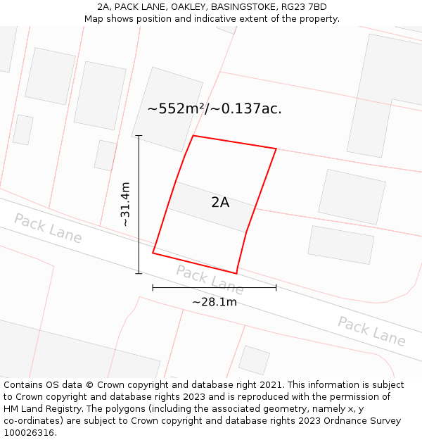 2A, PACK LANE, OAKLEY, BASINGSTOKE, RG23 7BD: Plot and title map