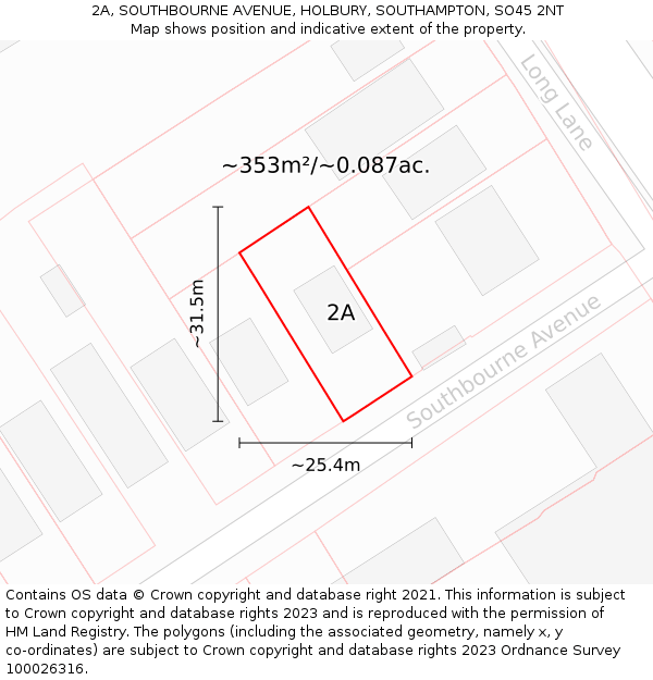 2A, SOUTHBOURNE AVENUE, HOLBURY, SOUTHAMPTON, SO45 2NT: Plot and title map