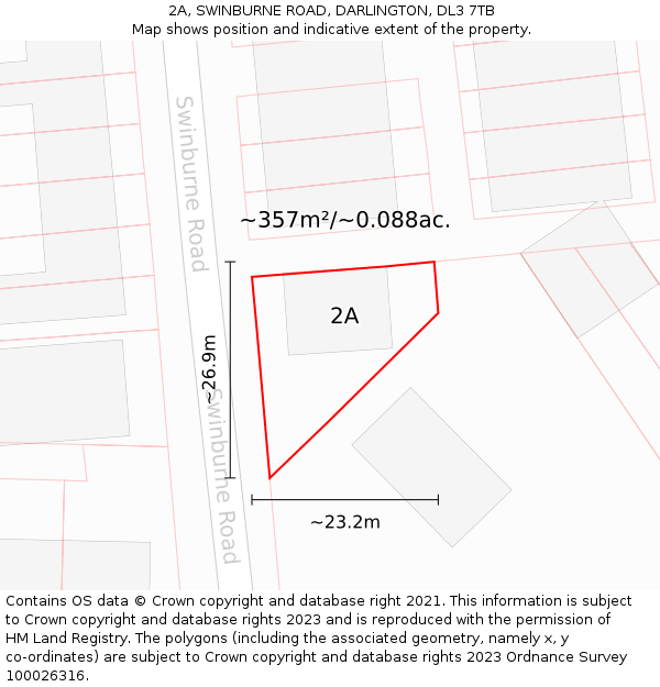 2A, SWINBURNE ROAD, DARLINGTON, DL3 7TB: Plot and title map