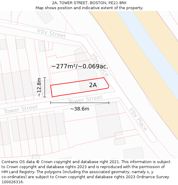 2A, TOWER STREET, BOSTON, PE21 8RX: Plot and title map