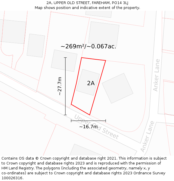 2A, UPPER OLD STREET, FAREHAM, PO14 3LJ: Plot and title map