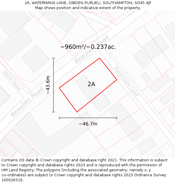 2A, WATERMANS LANE, DIBDEN PURLIEU, SOUTHAMPTON, SO45 4JP: Plot and title map