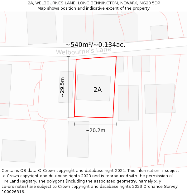 2A, WELBOURNES LANE, LONG BENNINGTON, NEWARK, NG23 5DP: Plot and title map