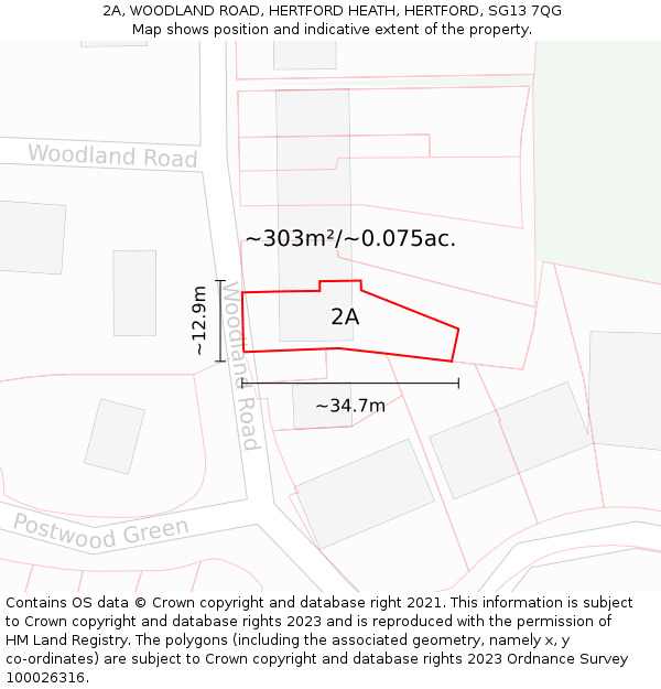 2A, WOODLAND ROAD, HERTFORD HEATH, HERTFORD, SG13 7QG: Plot and title map