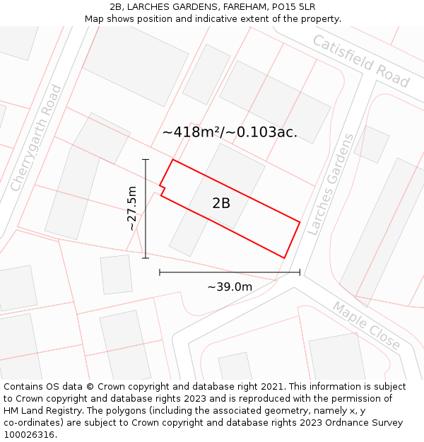 2B, LARCHES GARDENS, FAREHAM, PO15 5LR: Plot and title map