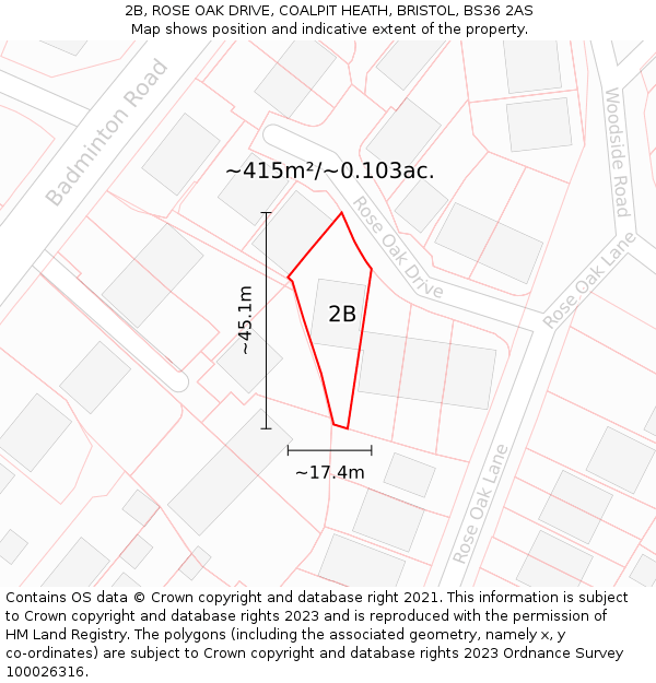 2B, ROSE OAK DRIVE, COALPIT HEATH, BRISTOL, BS36 2AS: Plot and title map