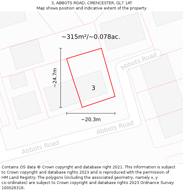 3, ABBOTS ROAD, CIRENCESTER, GL7 1AT: Plot and title map
