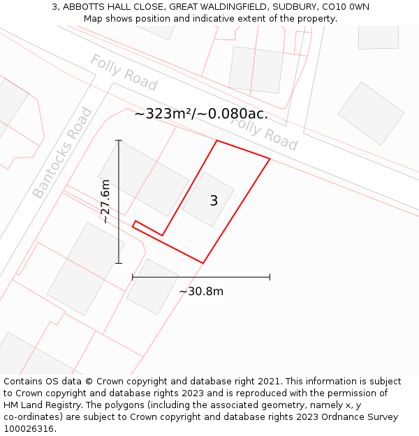 3, ABBOTTS HALL CLOSE, GREAT WALDINGFIELD, SUDBURY, CO10 0WN: Plot and title map