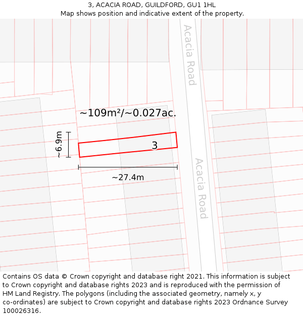 3, ACACIA ROAD, GUILDFORD, GU1 1HL: Plot and title map