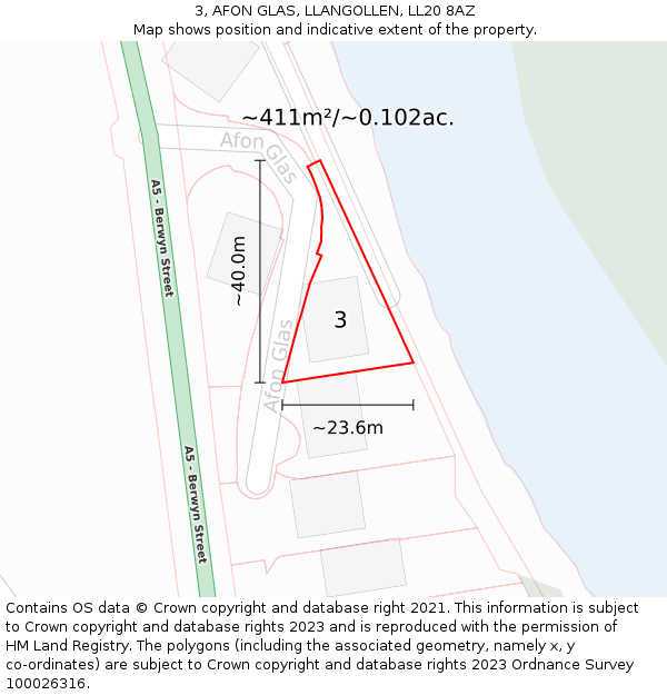 3, AFON GLAS, LLANGOLLEN, LL20 8AZ: Plot and title map