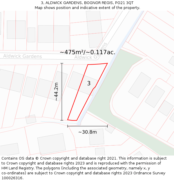3, ALDWICK GARDENS, BOGNOR REGIS, PO21 3QT: Plot and title map