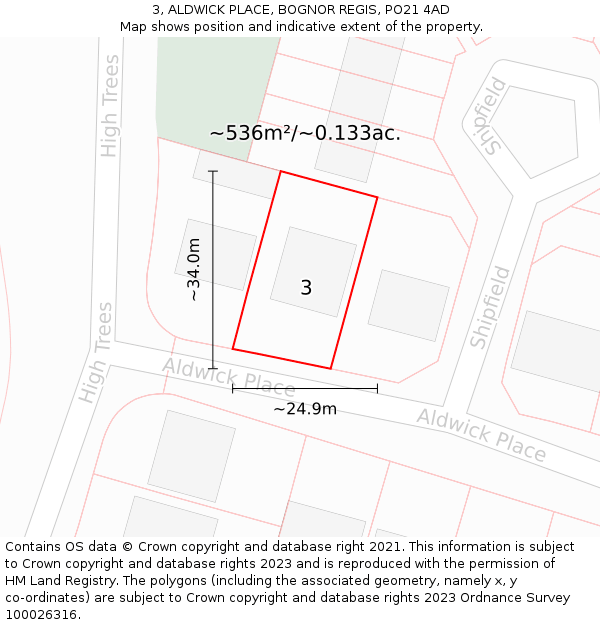 3, ALDWICK PLACE, BOGNOR REGIS, PO21 4AD: Plot and title map