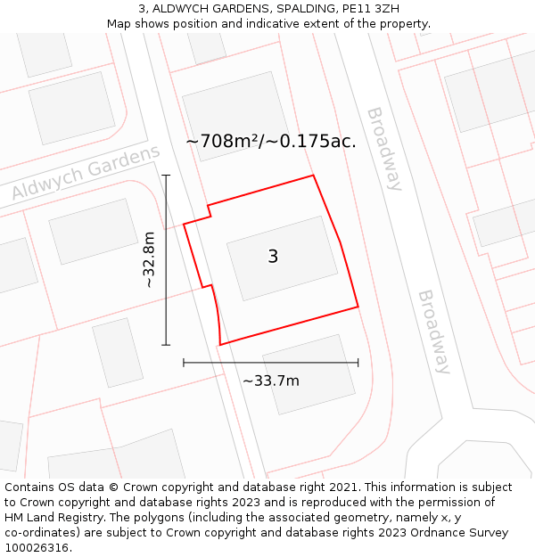 3, ALDWYCH GARDENS, SPALDING, PE11 3ZH: Plot and title map