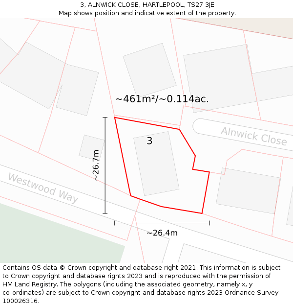 3, ALNWICK CLOSE, HARTLEPOOL, TS27 3JE: Plot and title map