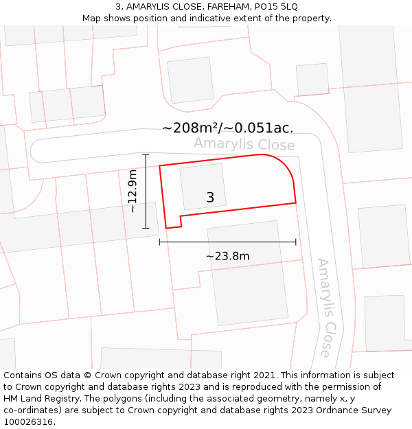 3, AMARYLIS CLOSE, FAREHAM, PO15 5LQ: Plot and title map