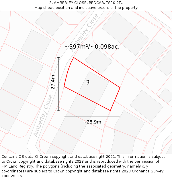 3, AMBERLEY CLOSE, REDCAR, TS10 2TU: Plot and title map