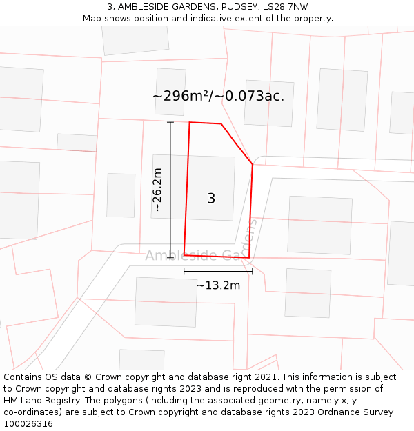 3, AMBLESIDE GARDENS, PUDSEY, LS28 7NW: Plot and title map