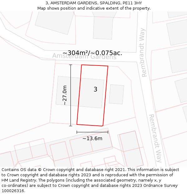 3, AMSTERDAM GARDENS, SPALDING, PE11 3HY: Plot and title map