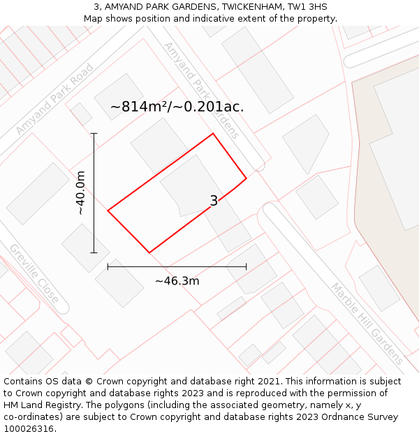 3, AMYAND PARK GARDENS, TWICKENHAM, TW1 3HS: Plot and title map