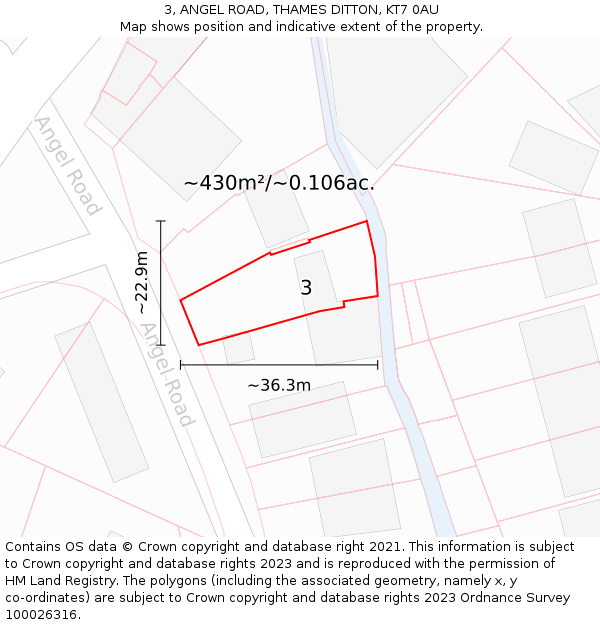 3, ANGEL ROAD, THAMES DITTON, KT7 0AU: Plot and title map