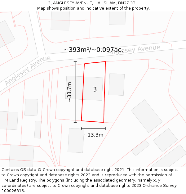 3, ANGLESEY AVENUE, HAILSHAM, BN27 3BH: Plot and title map