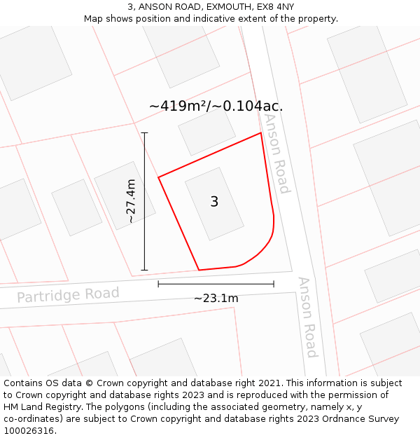 3, ANSON ROAD, EXMOUTH, EX8 4NY: Plot and title map