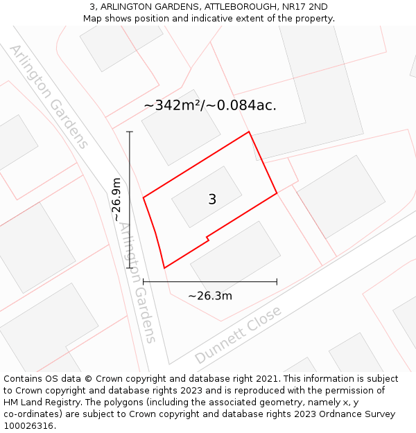 3, ARLINGTON GARDENS, ATTLEBOROUGH, NR17 2ND: Plot and title map