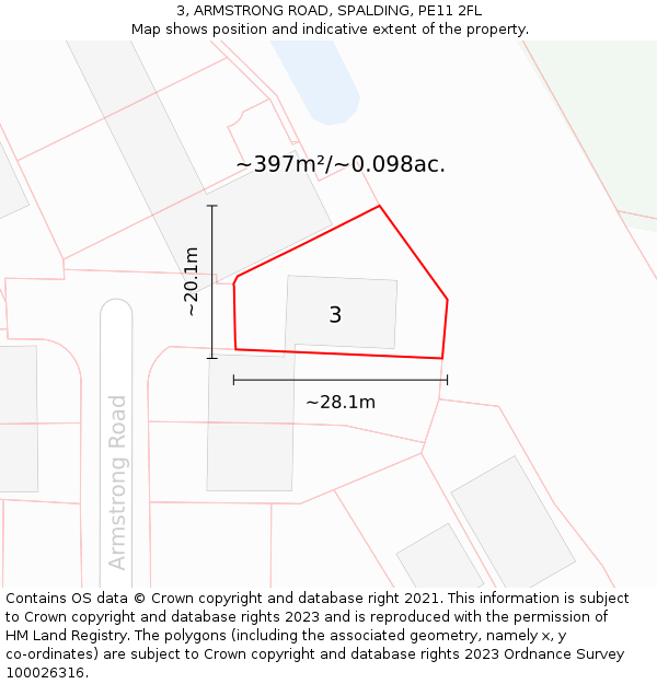 3, ARMSTRONG ROAD, SPALDING, PE11 2FL: Plot and title map