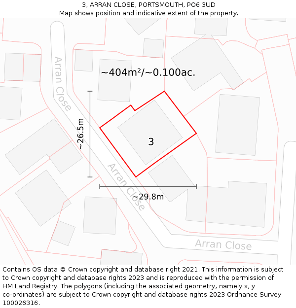 3, ARRAN CLOSE, PORTSMOUTH, PO6 3UD: Plot and title map