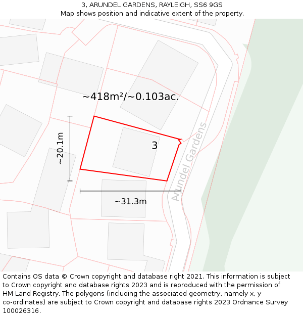 3, ARUNDEL GARDENS, RAYLEIGH, SS6 9GS: Plot and title map