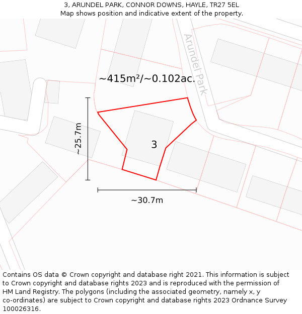 3, ARUNDEL PARK, CONNOR DOWNS, HAYLE, TR27 5EL: Plot and title map