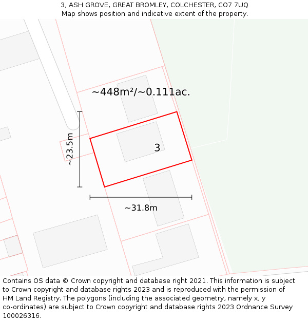 3, ASH GROVE, GREAT BROMLEY, COLCHESTER, CO7 7UQ: Plot and title map