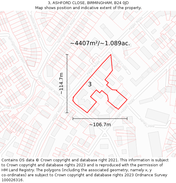 3, ASHFORD CLOSE, BIRMINGHAM, B24 0JD: Plot and title map