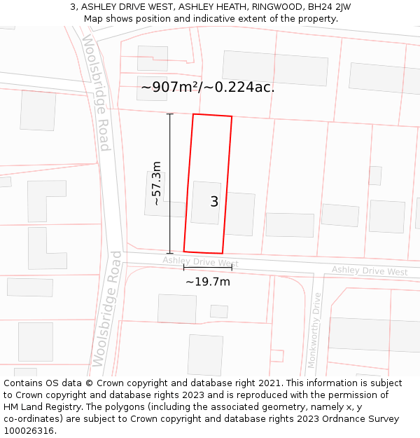 3, ASHLEY DRIVE WEST, ASHLEY HEATH, RINGWOOD, BH24 2JW: Plot and title map